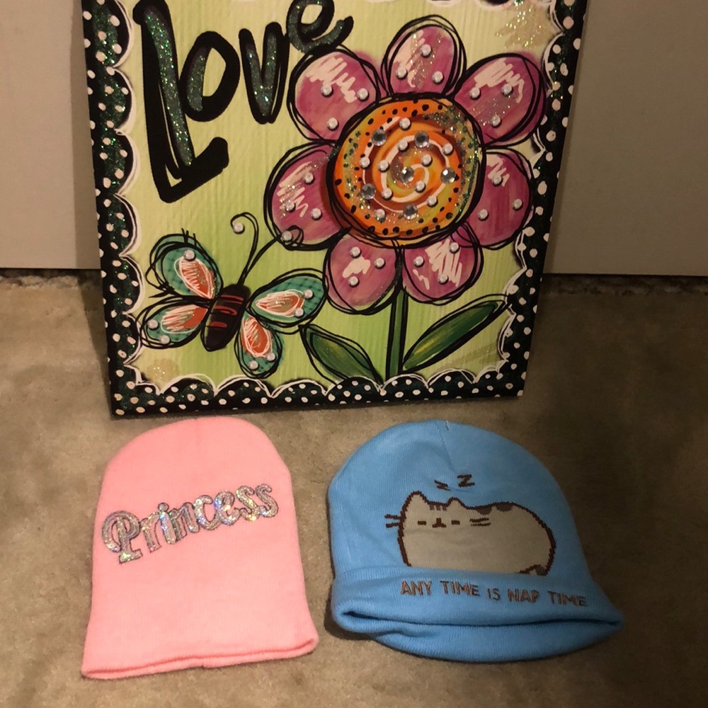 Youth beanies. The pink princess with sparkling sequins is more of a small fit.